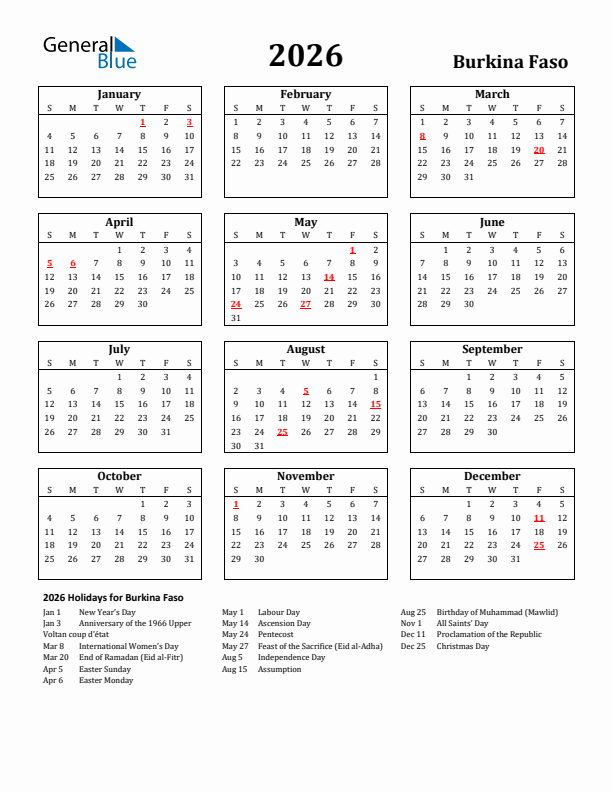2026 Burkina Faso Holiday Calendar - Sunday Start