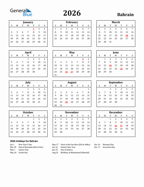 2026 Bahrain Holiday Calendar - Sunday Start