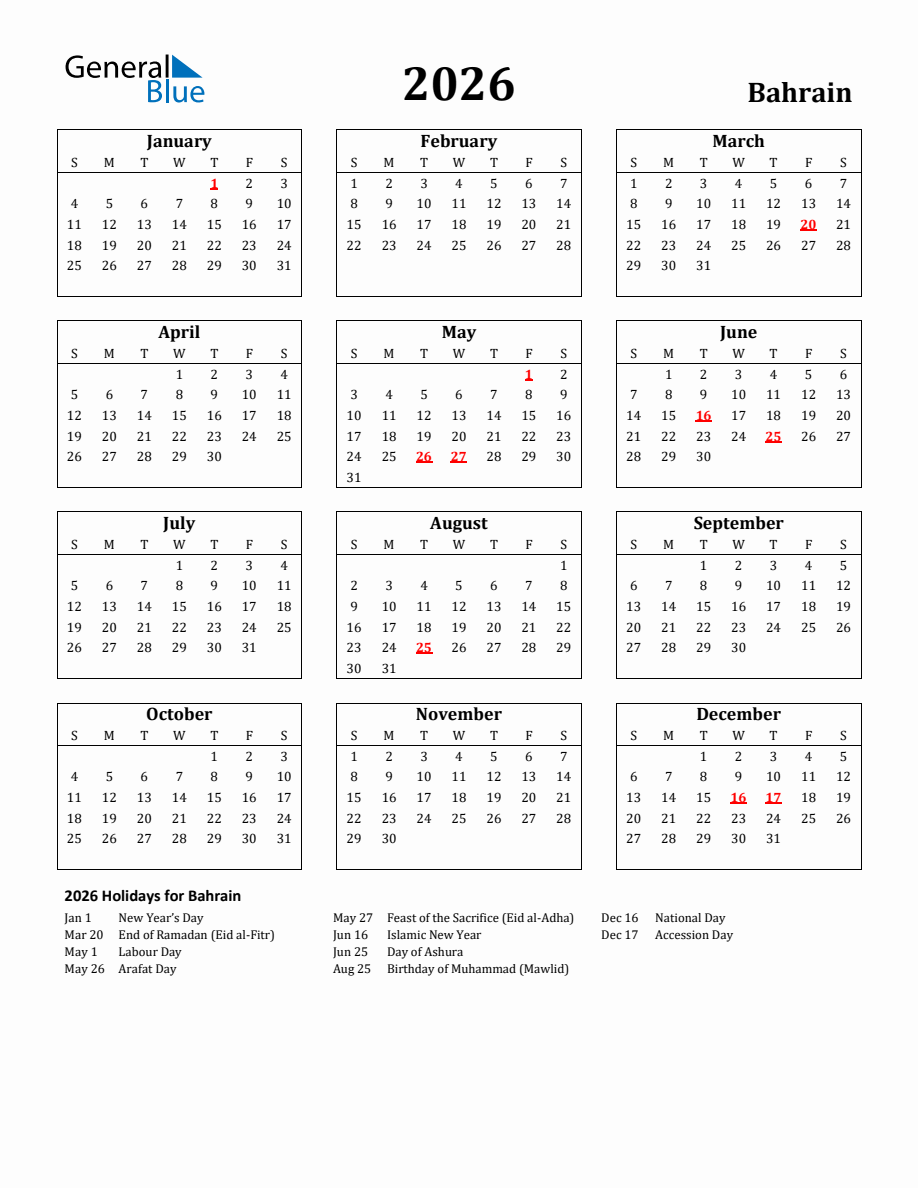 Free Printable 2026 Bahrain Holiday Calendar