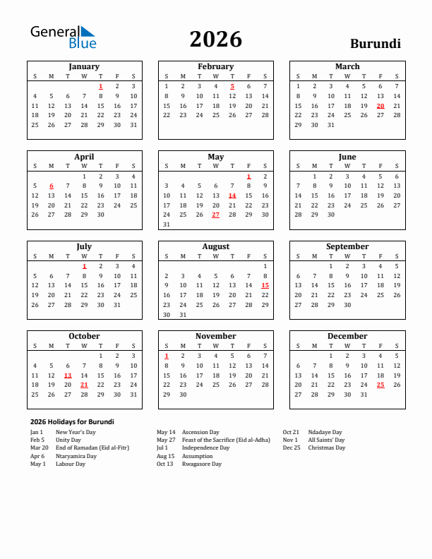 2026 Burundi Holiday Calendar - Sunday Start