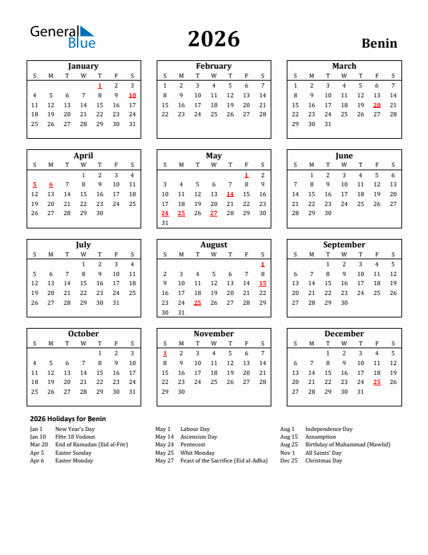 2026 Benin Holiday Calendar - Sunday Start