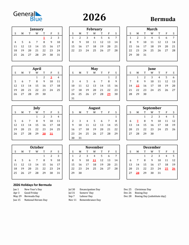 2026 Bermuda Holiday Calendar - Sunday Start
