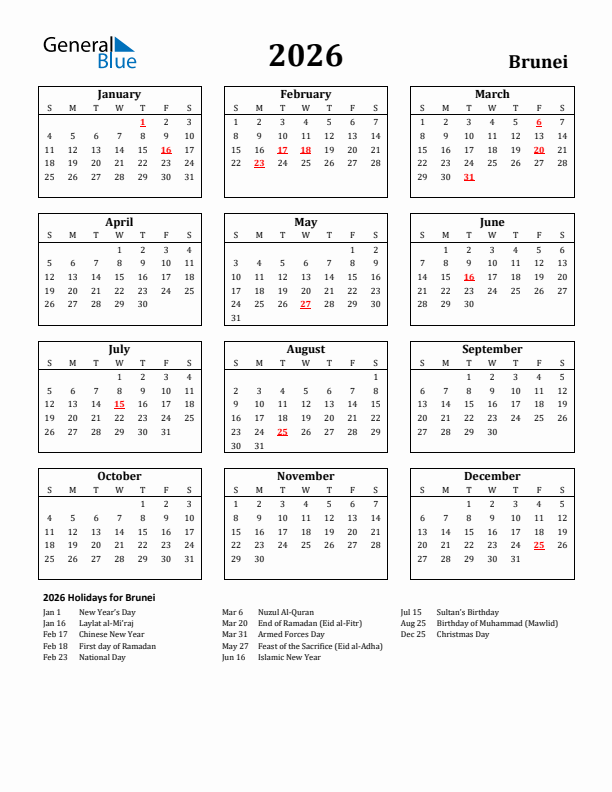 2026 Brunei Holiday Calendar - Sunday Start