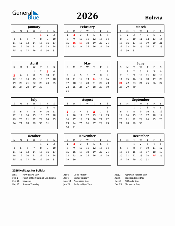 2026 Bolivia Holiday Calendar - Sunday Start