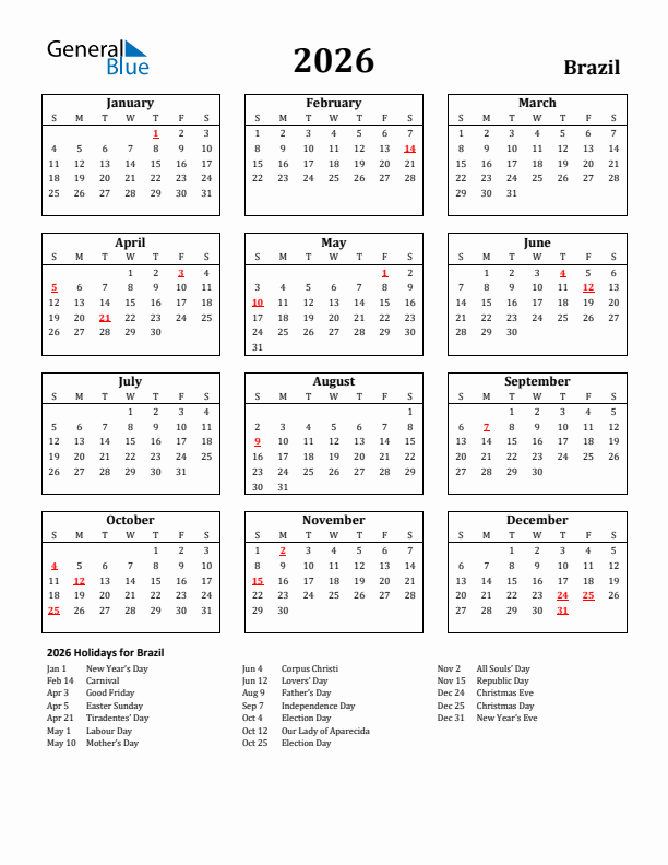 2026 Brazil Holiday Calendar - Sunday Start