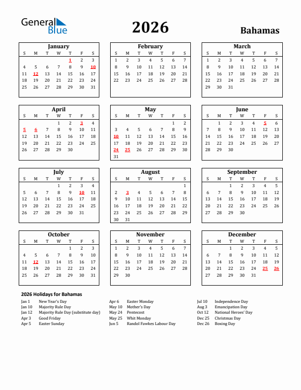 2026 Bahamas Holiday Calendar - Sunday Start