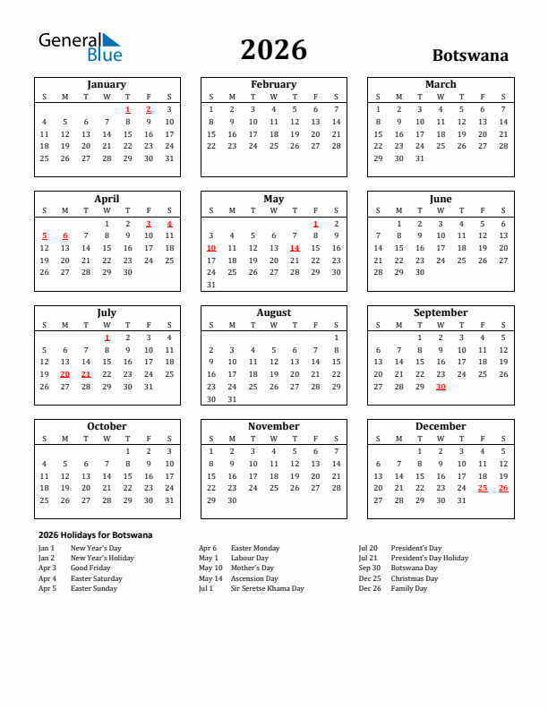 2026 Botswana Holiday Calendar - Sunday Start