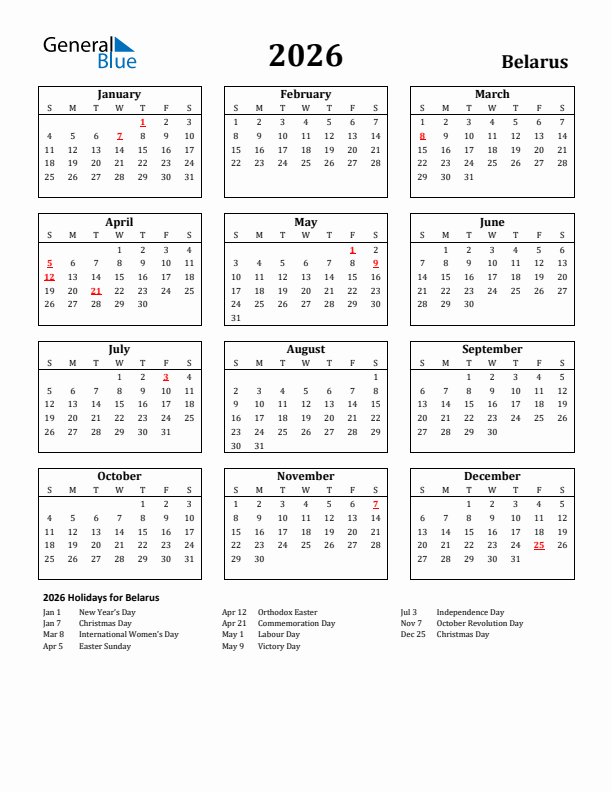 2026 Belarus Holiday Calendar - Sunday Start