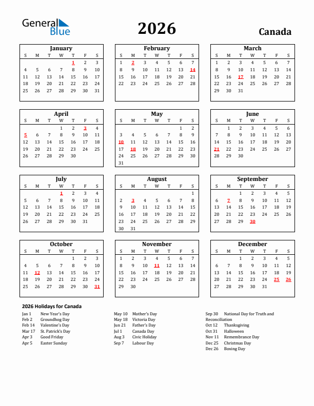 2026 Canada Holiday Calendar - Sunday Start