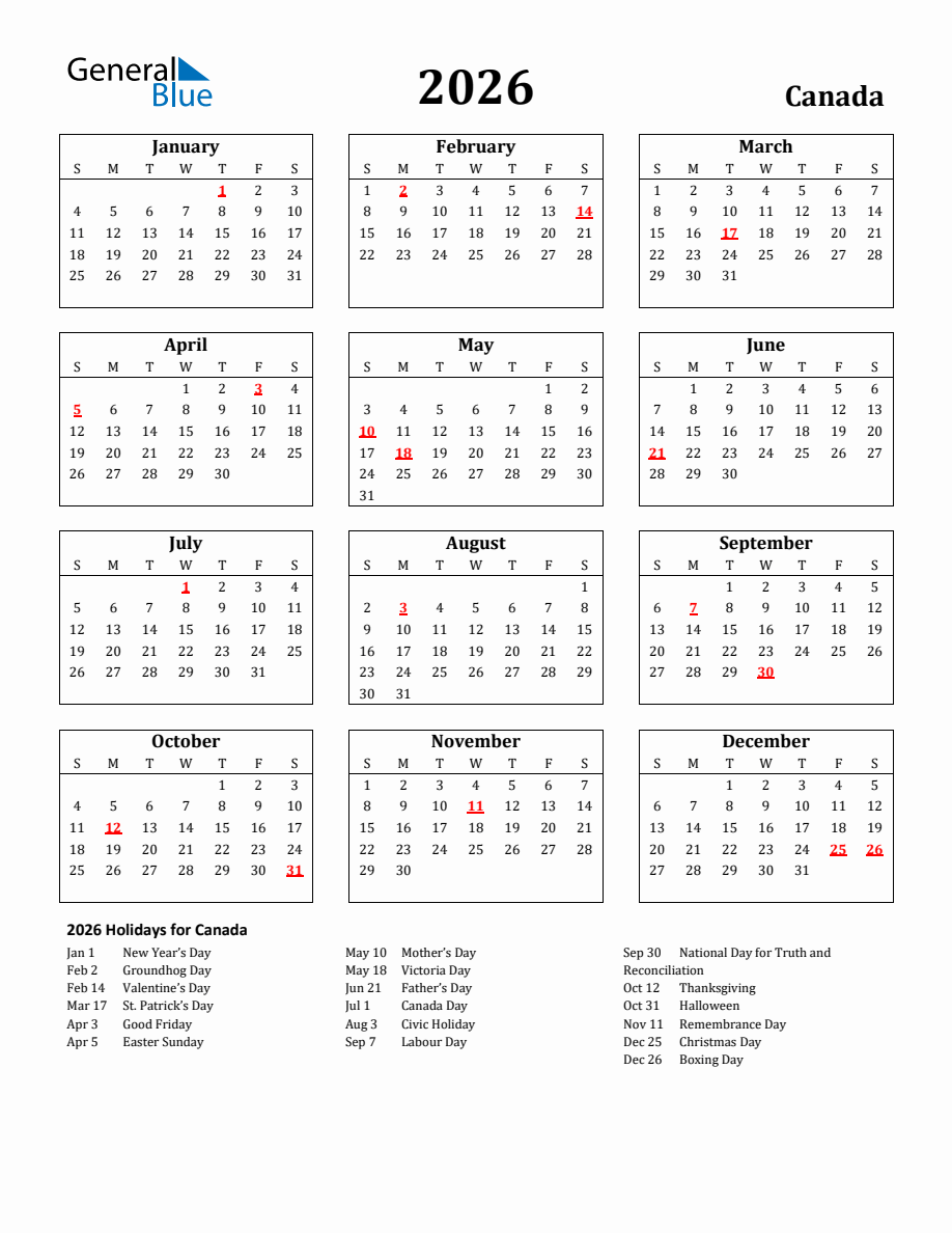 Free Printable 2026 Canada Holiday Calendar