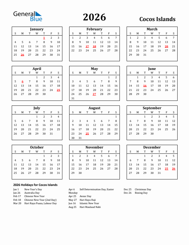 2026 Cocos Islands Holiday Calendar - Sunday Start