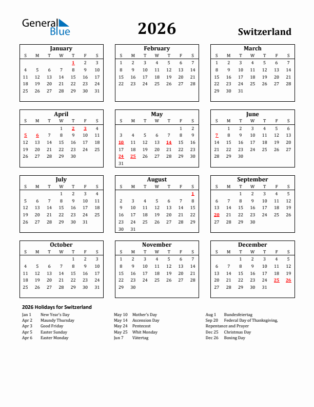 2026 Switzerland Holiday Calendar - Sunday Start