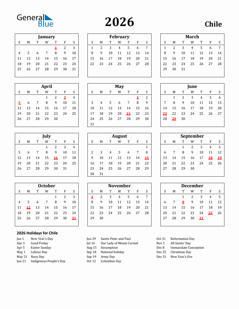 Free Printable 2026 Chile Holiday Calendar