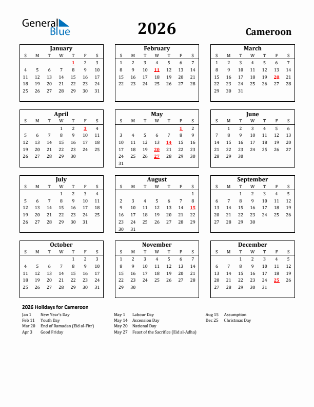 2026 Cameroon Holiday Calendar - Sunday Start
