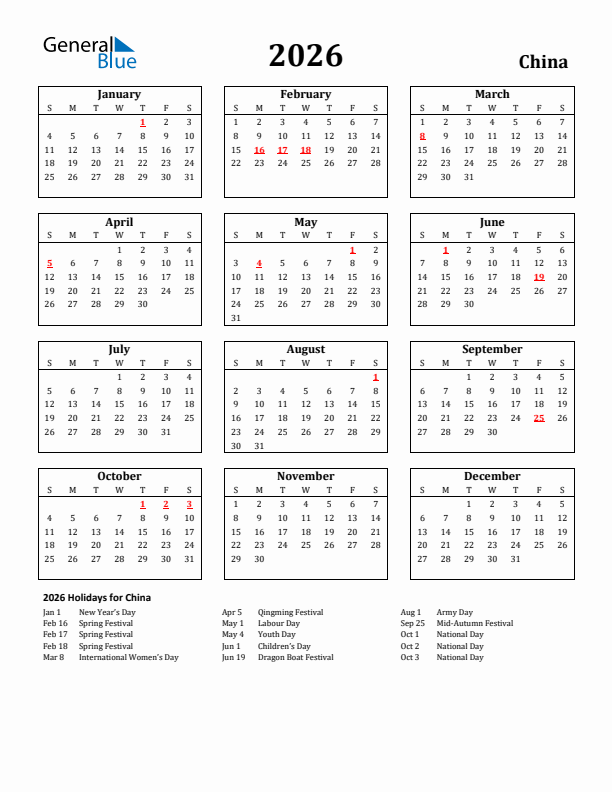 2026 China Holiday Calendar - Sunday Start