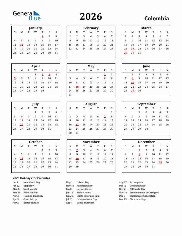 2026 Colombia Holiday Calendar - Sunday Start