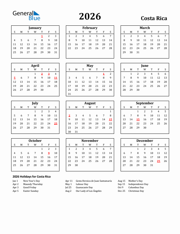 2026 Costa Rica Holiday Calendar - Sunday Start