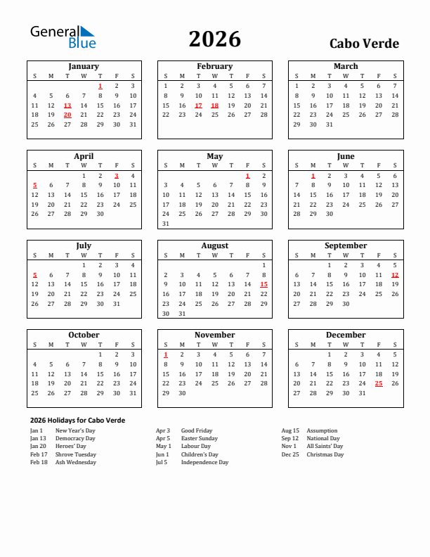 2026 Cabo Verde Holiday Calendar - Sunday Start