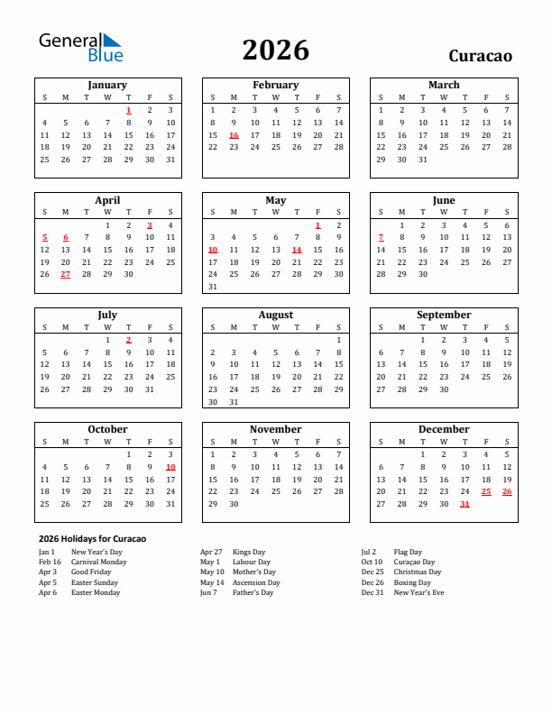 2026 Curacao Holiday Calendar - Sunday Start