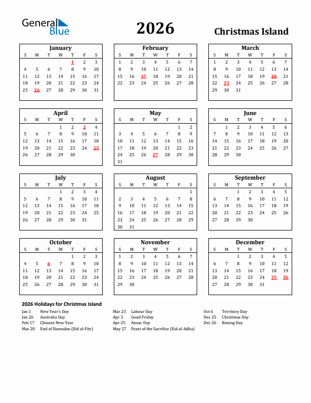 2026 Christmas Island Holiday Calendar - Sunday Start