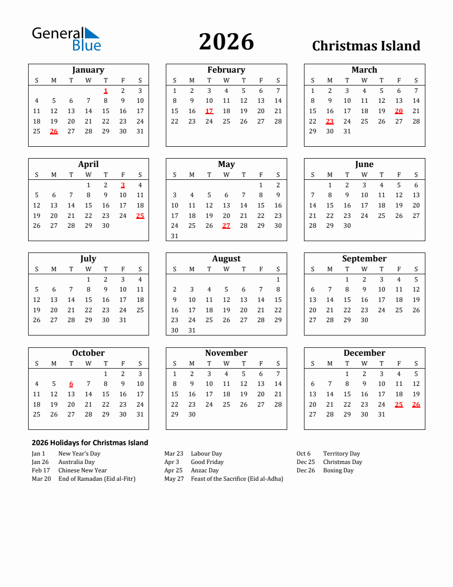 Free Printable 2026 Christmas Island Holiday Calendar