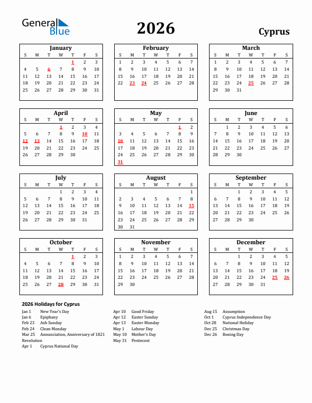 2026 Cyprus Holiday Calendar - Sunday Start