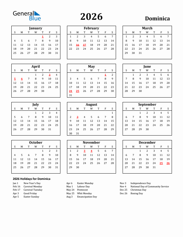 2026 Dominica Holiday Calendar - Sunday Start