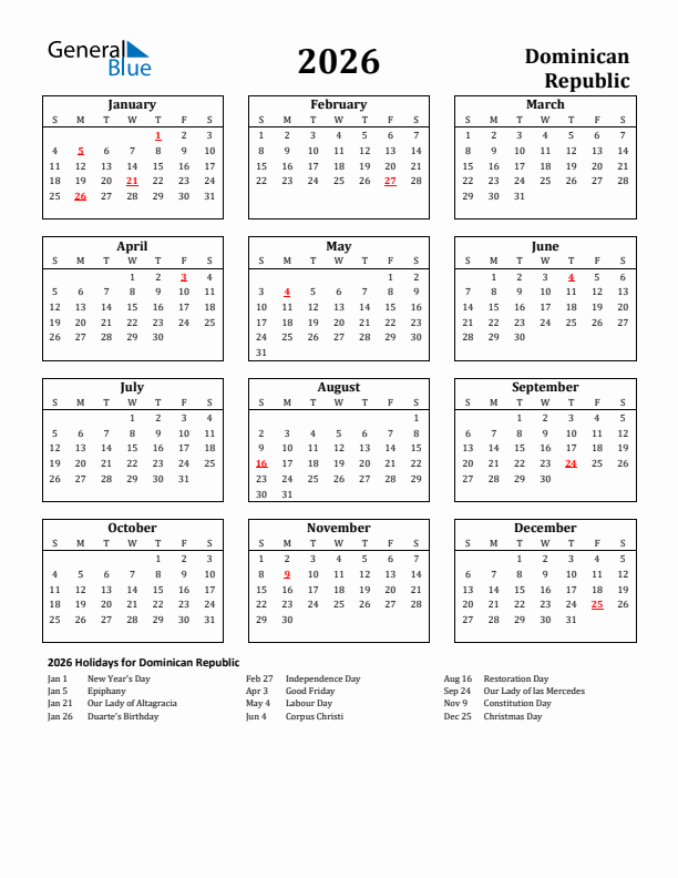 2026 Dominican Republic Holiday Calendar - Sunday Start
