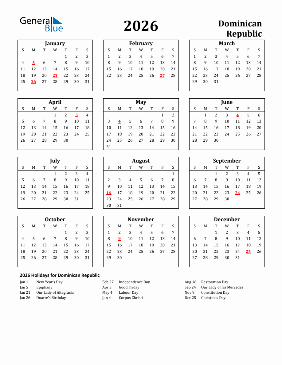 Free Printable 2026 Dominican Republic Holiday Calendar