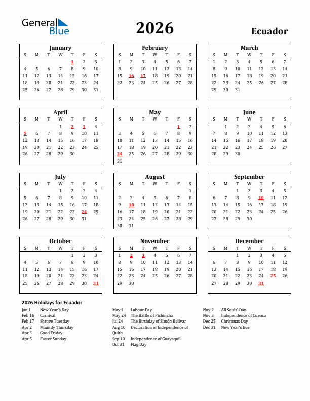 2026 Ecuador Holiday Calendar - Sunday Start