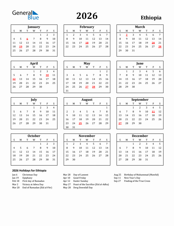 2026 Ethiopia Holiday Calendar - Sunday Start