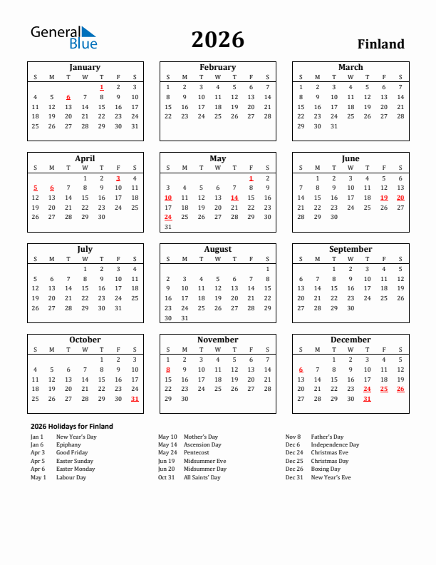 2026 Finland Holiday Calendar - Sunday Start