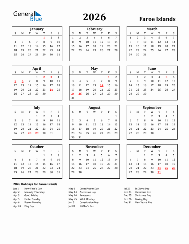 2026 Faroe Islands Holiday Calendar - Sunday Start