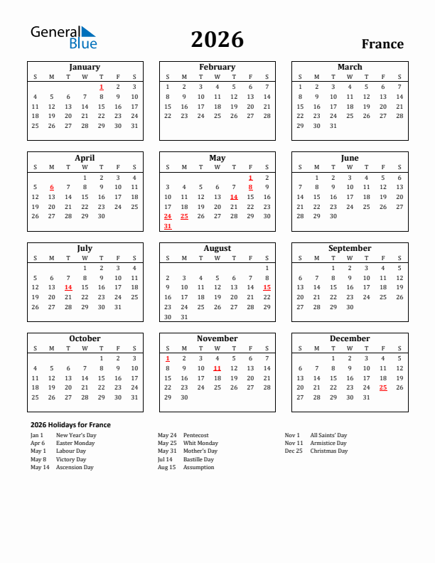 2026 France Holiday Calendar - Sunday Start