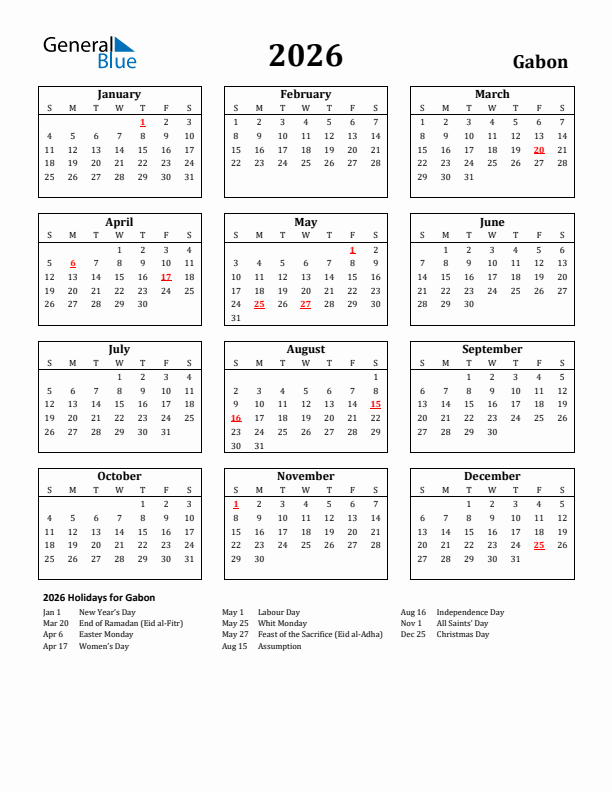 2026 Gabon Holiday Calendar - Sunday Start