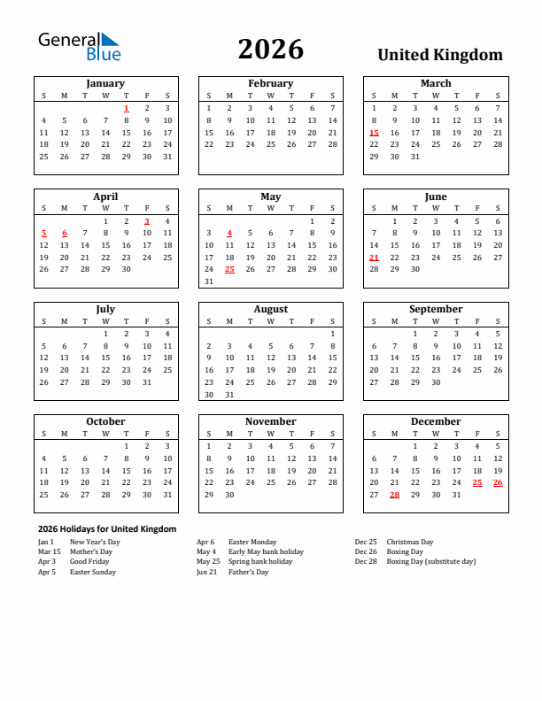 2026 United Kingdom Holiday Calendar - Sunday Start