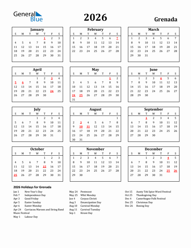 2026 Grenada Holiday Calendar - Sunday Start