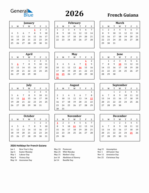 2026 French Guiana Holiday Calendar - Sunday Start