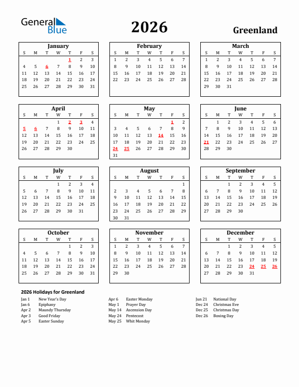 2026 Greenland Holiday Calendar - Sunday Start