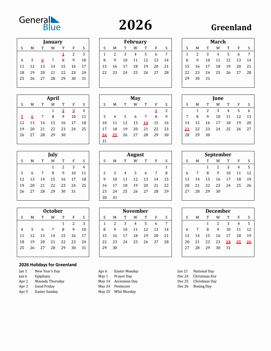 Free Printable 2026 Greenland Holiday Calendar