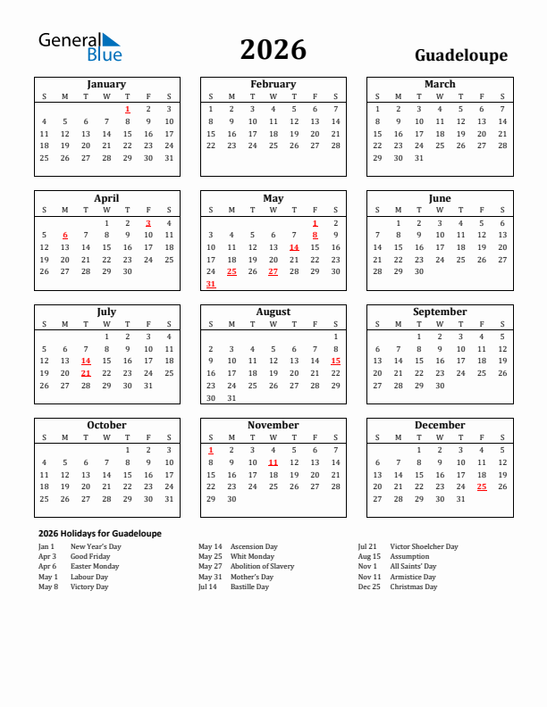 2026 Guadeloupe Holiday Calendar - Sunday Start
