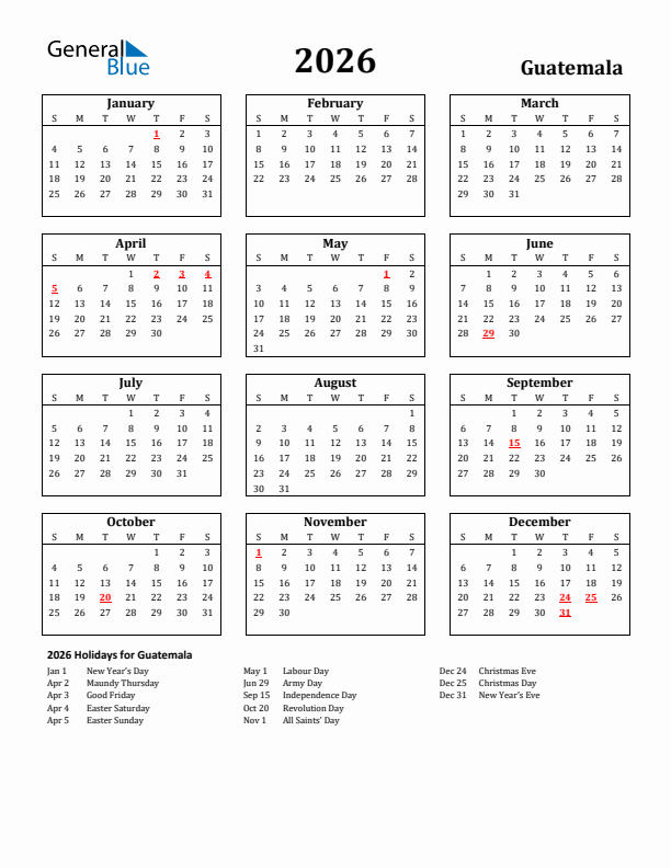 2026 Guatemala Holiday Calendar - Sunday Start