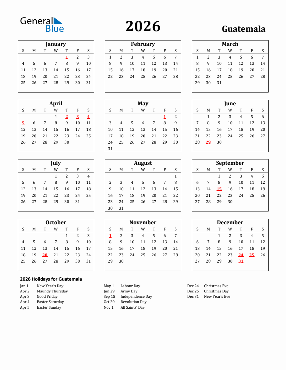 Free Printable 2026 Guatemala Holiday Calendar