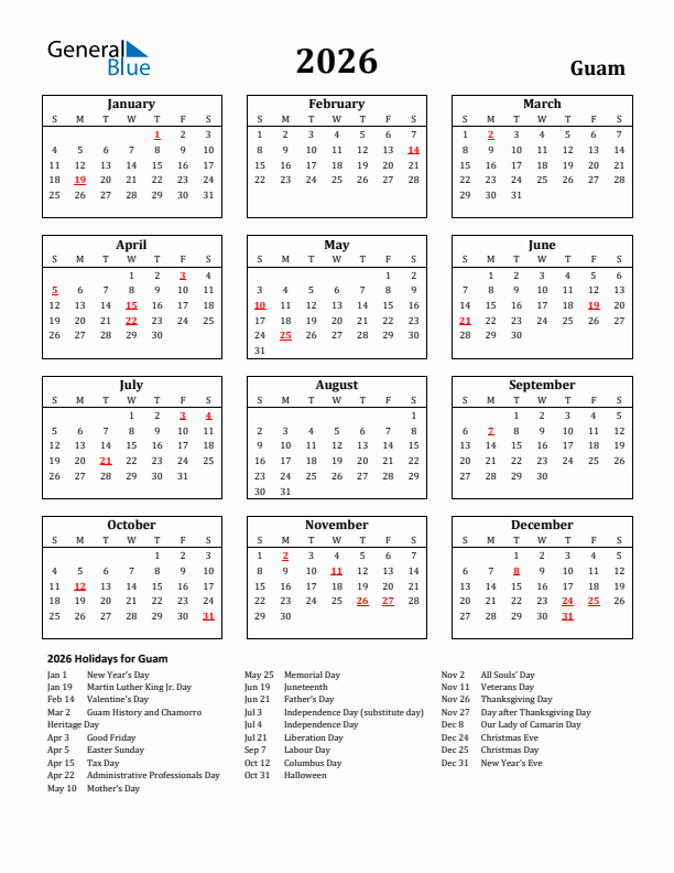 2026 Guam Holiday Calendar - Sunday Start