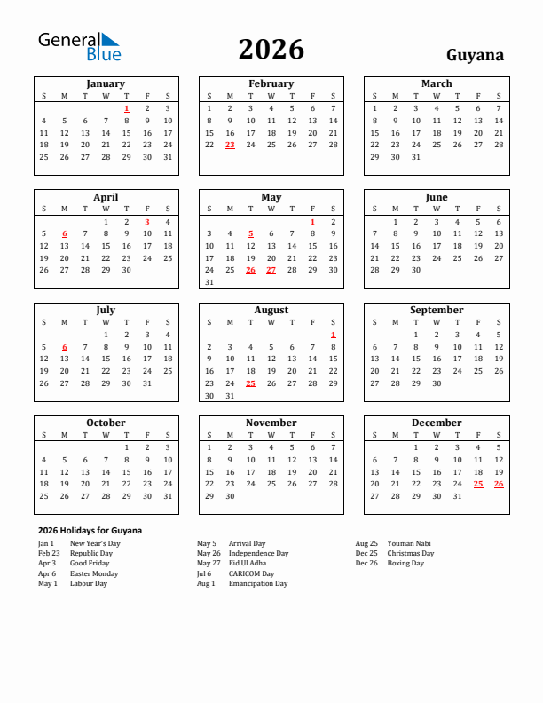 2026 Guyana Holiday Calendar - Sunday Start