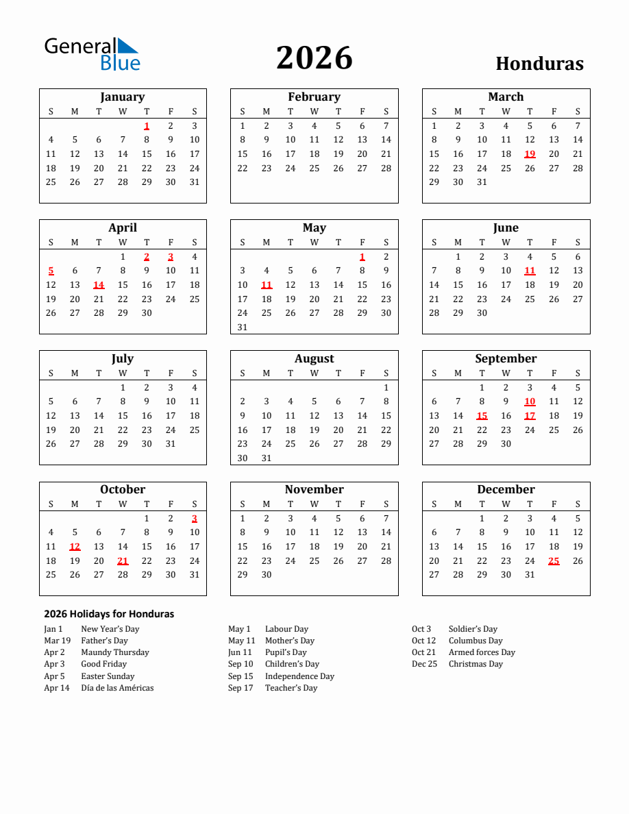 Free Printable 2026 Honduras Holiday Calendar