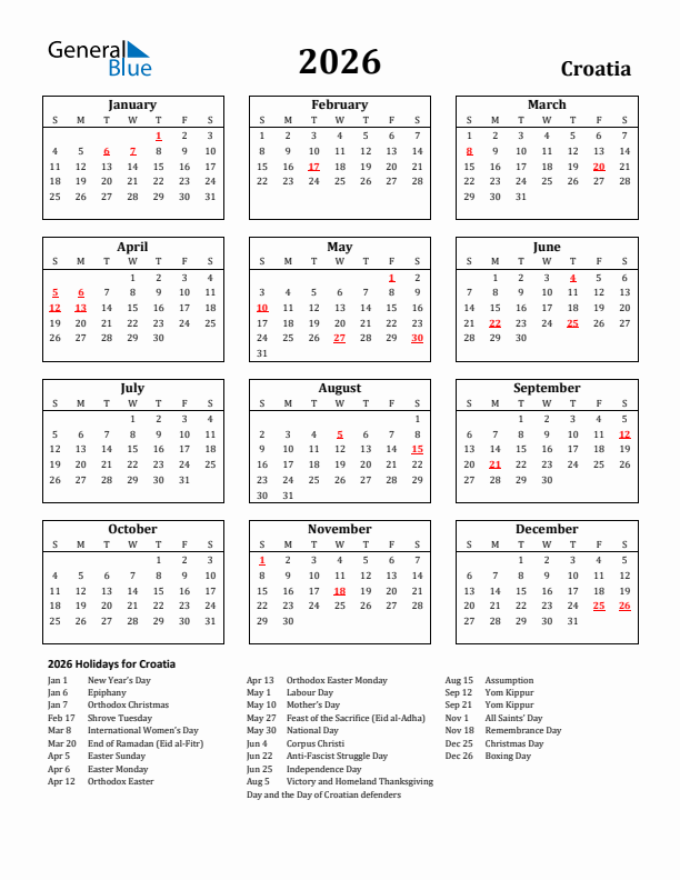 2026 Croatia Holiday Calendar - Sunday Start