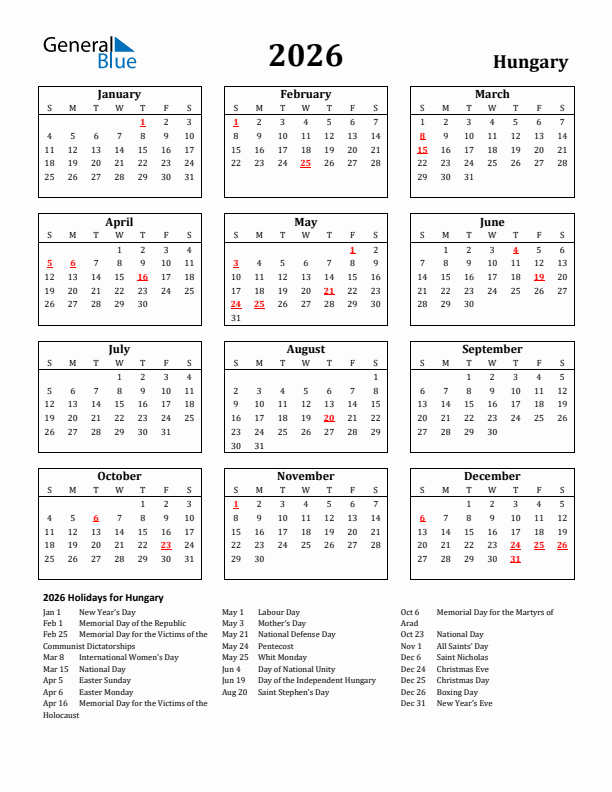 2026 Hungary Holiday Calendar - Sunday Start