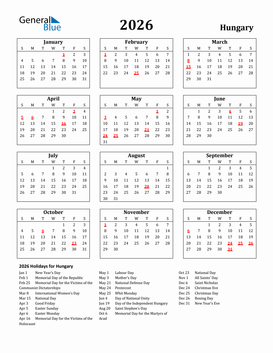 Free Printable 2026 Hungary Holiday Calendar