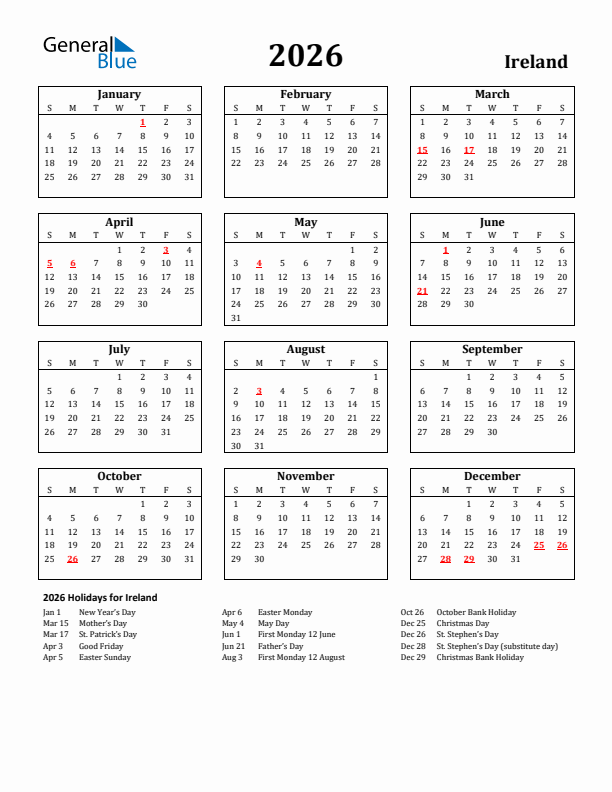2026 Ireland Holiday Calendar - Sunday Start